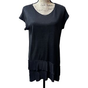 Marc Cain Women's Black Linen Blend Ruffle Hem Tee-Shirt Long Sz L/4